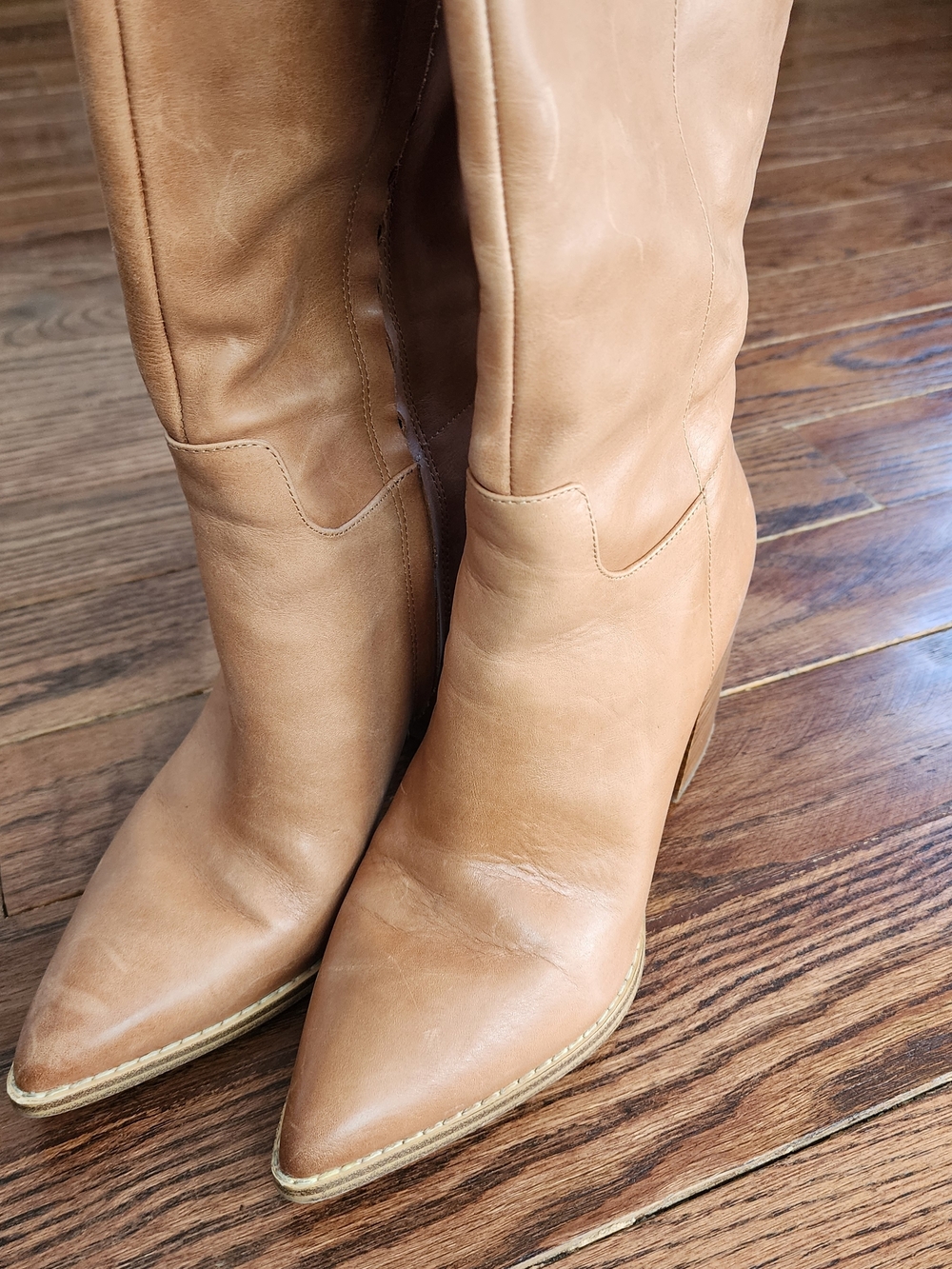 Nine West Tan Leather Tall Boots 7 Boho Chic Minimalist Western Neutral Pointy - Picture 2 of 10